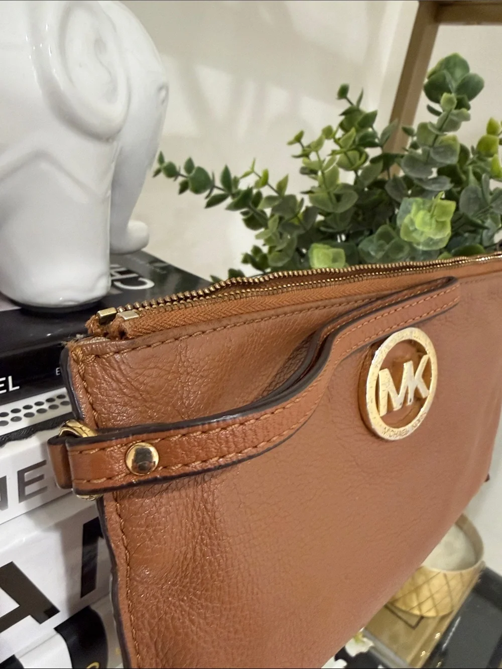 Michael Kors Cognac Leather Wristlet with Gold MK Emblem
